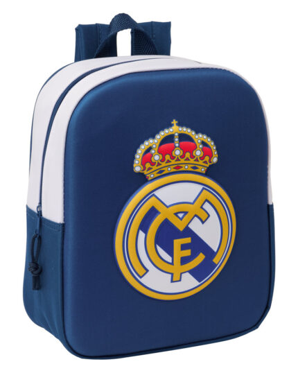Mochila infantil oficial Real Madrid de 27 cm con diseño 3D del escudo.