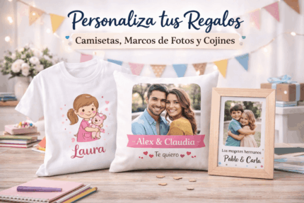 Camisetas, cojines y marcos de fotos personalizados con nombres e imágenes, ideales como regalos personalizados originales