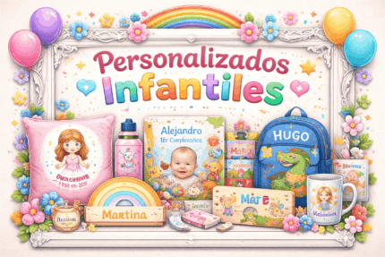 Imagen de regalos personalizados infantiles con mochila, taza, cojín y detalles decorativos con nombre