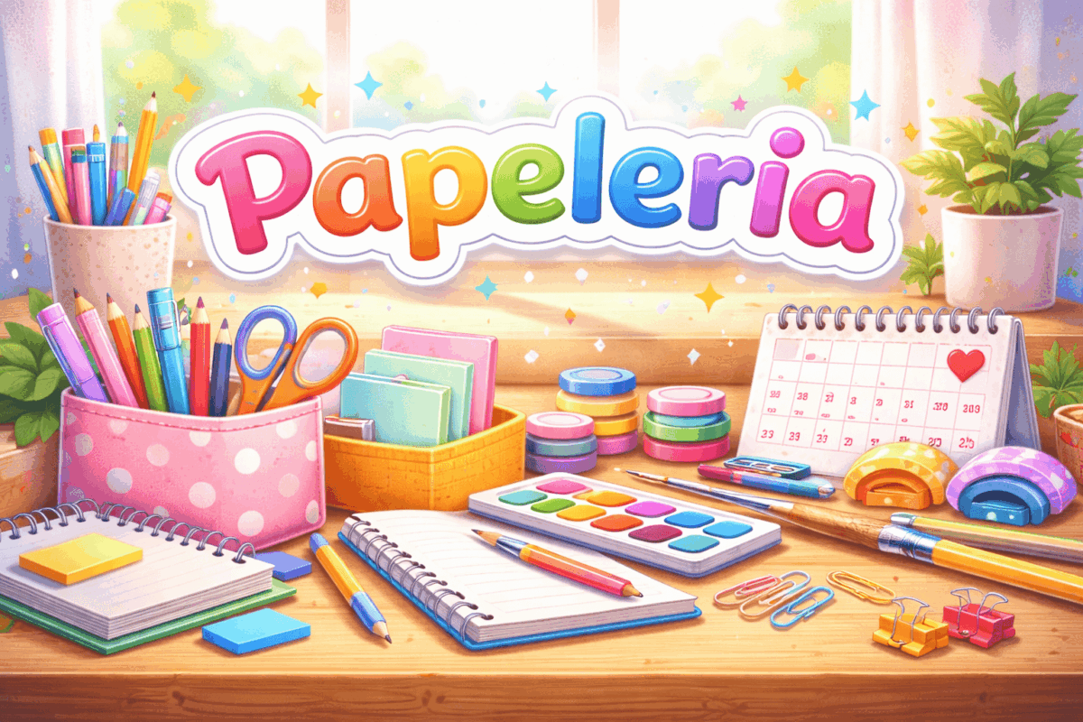 Imagen de papelería online con cuadernos, bolígrafos, agenda y artículos de escritorio de colores.