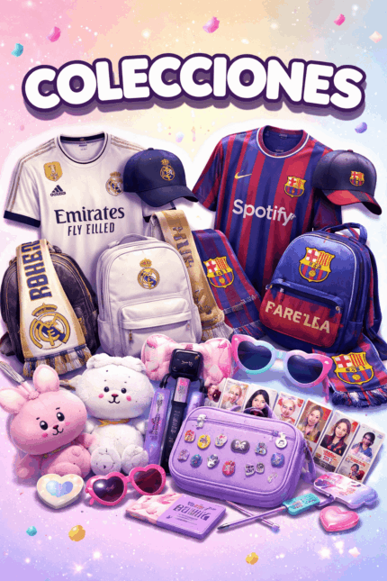 Imagen de colecciones de moda con productos del Real Madrid, FC Barcelona y artículos K-pop como mochilas, camisetas y accesorios juveniles.