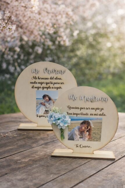 placa de madera personalizada para padrino y madrina con foto y dedicatoria