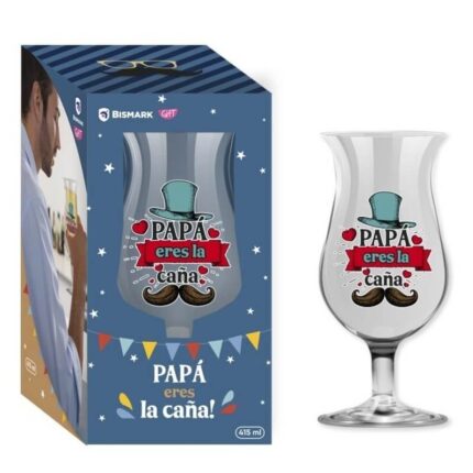 Copa de cristal para el Día del Padre con mensaje “Papá eres la caña” y diseño de sombrero y bigote, capacidad 415 ml
